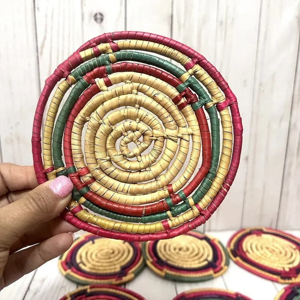 Vintage Handwoven Straw Coasters Set of 8 Boho Folk Art Woven Fiber 5”